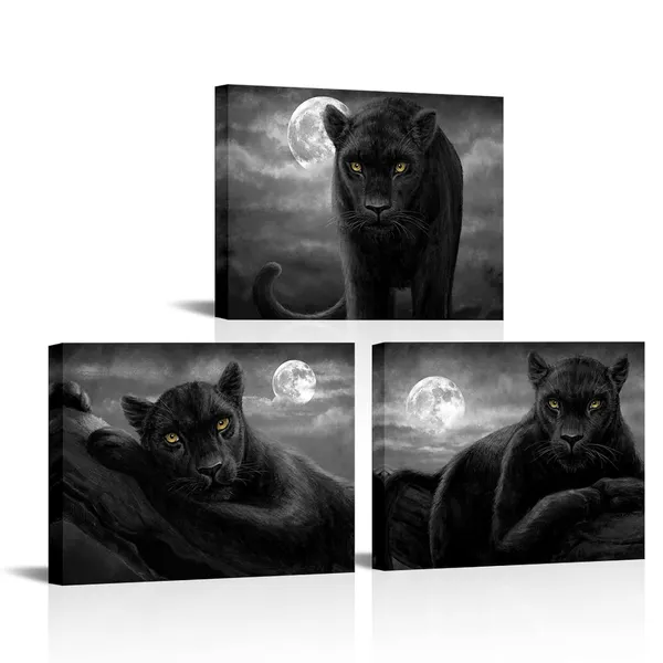 Multicolor_3_Pieces_Panther_Canvas_Wall_Art_Black_and_White_Animal_and_Full_Moon_Painting_Picture_Print_Modern_Wildlife_Leopard_Artwork_Framed_|_For_Living_Room_Bedroom_Office_Decor_Ready_to_Hang_(Black,_Small)
