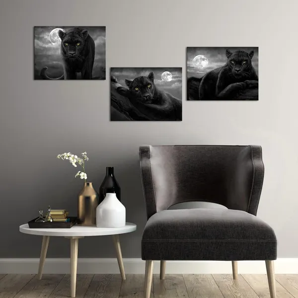 Multicolor_3_Pieces_Panther_Canvas_Wall_Art_Black_and_White_Animal_and_Full_Moon_Painting_Picture_Print_Modern_Wildlife_Leopard_Artwork_Framed_|_For_Living_Room_Bedroom_Office_Decor_Ready_to_Hang_(Black,_Small)