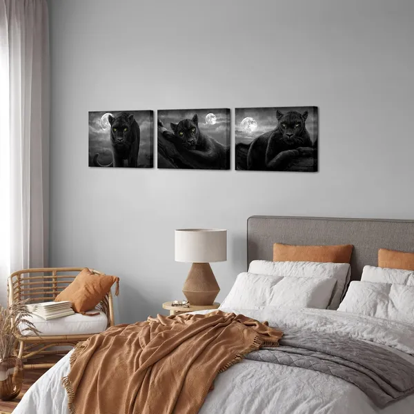 Multicolor_3_Pieces_Panther_Canvas_Wall_Art_Black_and_White_Animal_and_Full_Moon_Painting_Picture_Print_Modern_Wildlife_Leopard_Artwork_Framed_|_For_Living_Room_Bedroom_Office_Decor_Ready_to_Hang_(Black,_Small)