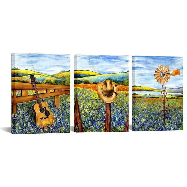 Multicolor_3_Piece_Texas_Canvas_Wall_Art_Bluebonnets_Field_Farm_Windmill_Landscape_Painting_Western_Decor_Cowboy_Hat_Guitar_Pictures_Art_|_For_Farmhouse_Home_Living_Room_Decor_Ready_to_Hang_(Small)