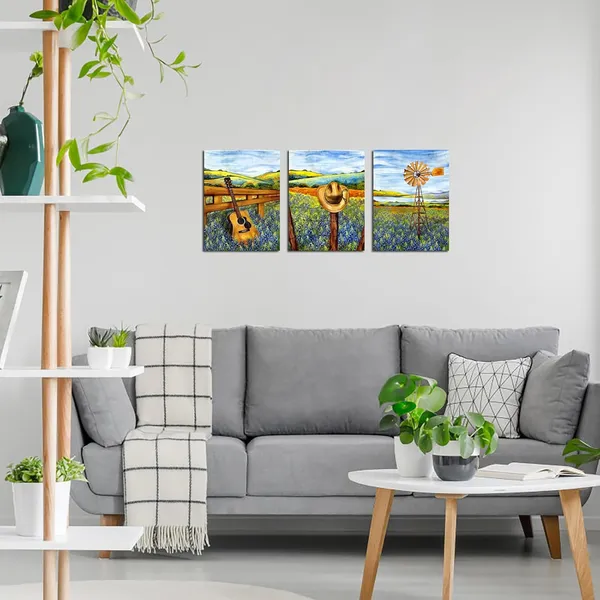 Multicolor_3_Piece_Texas_Canvas_Wall_Art_Bluebonnets_Field_Farm_Windmill_Landscape_Painting_Western_Decor_Cowboy_Hat_Guitar_Pictures_Art_|_For_Farmhouse_Home_Living_Room_Decor_Ready_to_Hang_(Small)