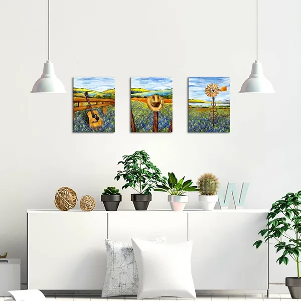 Multicolor_3_Piece_Texas_Canvas_Wall_Art_Bluebonnets_Field_Farm_Windmill_Landscape_Painting_Western_Decor_Cowboy_Hat_Guitar_Pictures_Art_|_For_Farmhouse_Home_Living_Room_Decor_Ready_to_Hang_(Small)