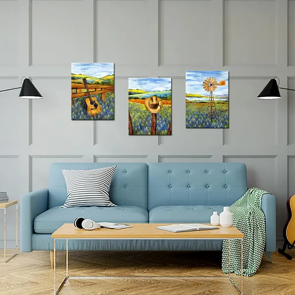 Multicolor_3_Piece_Texas_Canvas_Wall_Art_Bluebonnets_Field_Farm_Windmill_Landscape_Painting_Western_Decor_Cowboy_Hat_Guitar_Pictures_Art_|_For_Farmhouse_Home_Living_Room_Decor_Ready_to_Hang_(Small)