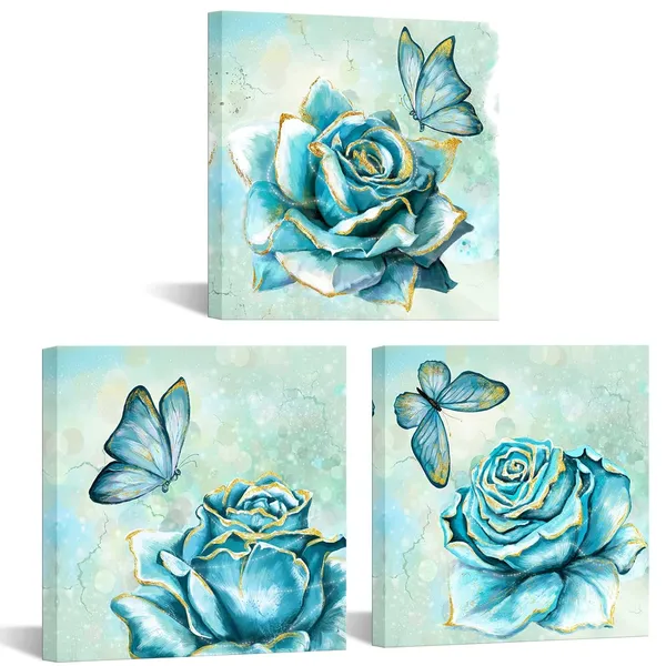 Multicolor_Teal_Rose_Canvas_Print_Wall_Art_|_For_Bathroom_Flower_with_Butterfly_Decorative_Paintings_Modern_Home_Bedroom_Living_Room_Turquoise_and_Gold_Wall_Decor_Framed_Ready_to_Hang_12"X12"X3PCS