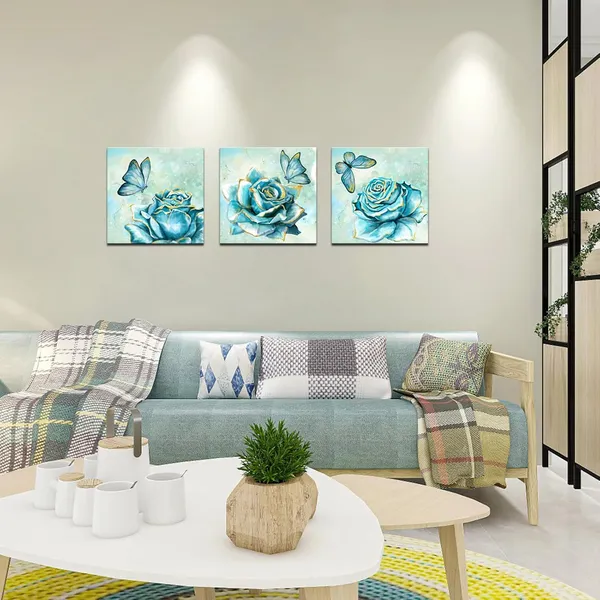 Multicolor_Teal_Rose_Canvas_Print_Wall_Art_|_For_Bathroom_Flower_with_Butterfly_Decorative_Paintings_Modern_Home_Bedroom_Living_Room_Turquoise_and_Gold_Wall_Decor_Framed_Ready_to_Hang_12"X12"X3PCS