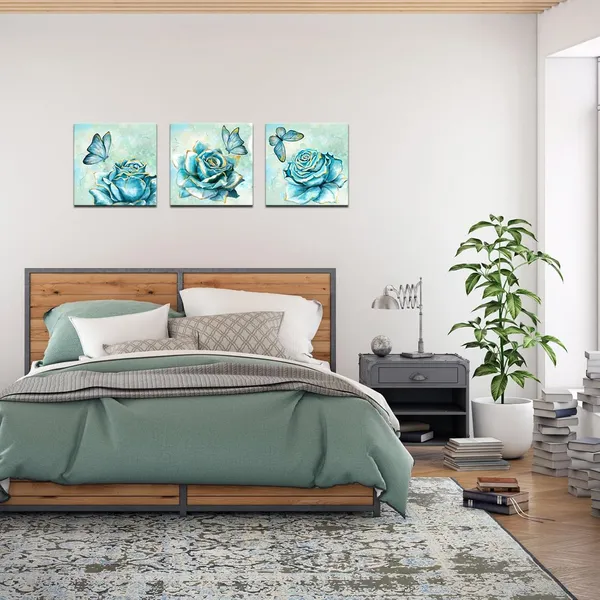 Multicolor_Teal_Rose_Canvas_Print_Wall_Art_|_For_Bathroom_Flower_with_Butterfly_Decorative_Paintings_Modern_Home_Bedroom_Living_Room_Turquoise_and_Gold_Wall_Decor_Framed_Ready_to_Hang_12"X12"X3PCS