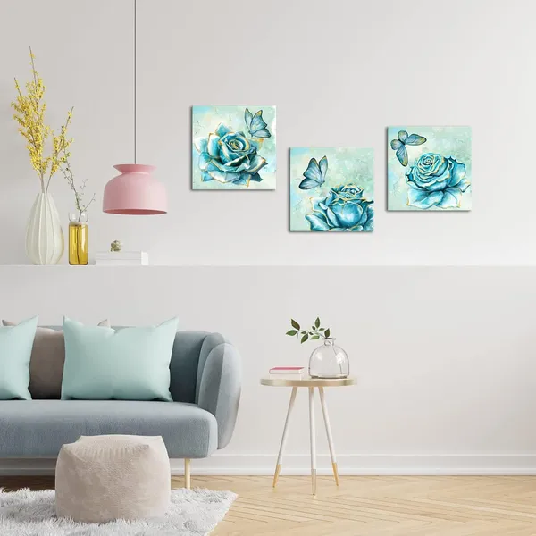 Multicolor_Teal_Rose_Canvas_Print_Wall_Art_|_For_Bathroom_Flower_with_Butterfly_Decorative_Paintings_Modern_Home_Bedroom_Living_Room_Turquoise_and_Gold_Wall_Decor_Framed_Ready_to_Hang_12"X12"X3PCS