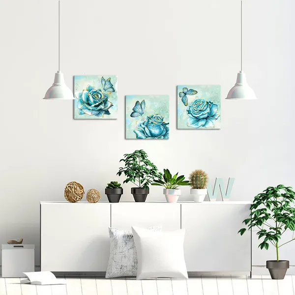 Multicolor_Teal_Rose_Canvas_Print_Wall_Art_|_For_Bathroom_Flower_with_Butterfly_Decorative_Paintings_Modern_Home_Bedroom_Living_Room_Turquoise_and_Gold_Wall_Decor_Framed_Ready_to_Hang_12"X12"X3PCS