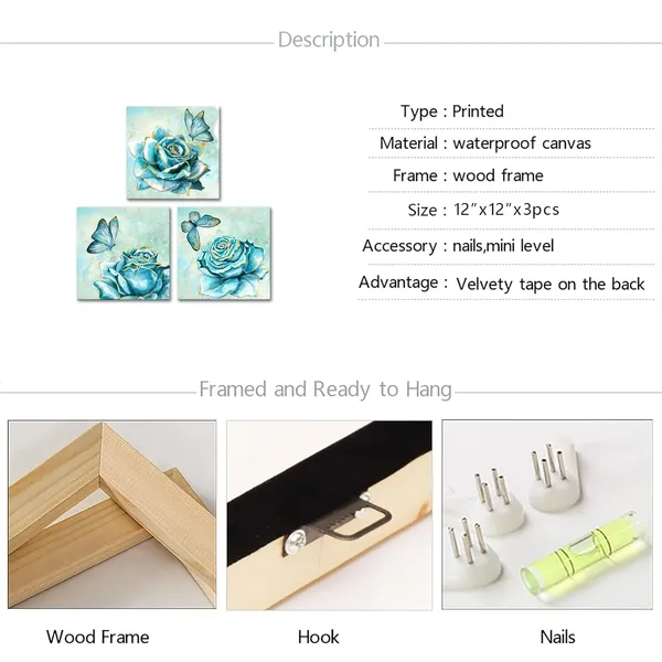 Multicolor_Teal_Rose_Canvas_Print_Wall_Art_|_For_Bathroom_Flower_with_Butterfly_Decorative_Paintings_Modern_Home_Bedroom_Living_Room_Turquoise_and_Gold_Wall_Decor_Framed_Ready_to_Hang_12"X12"X3PCS