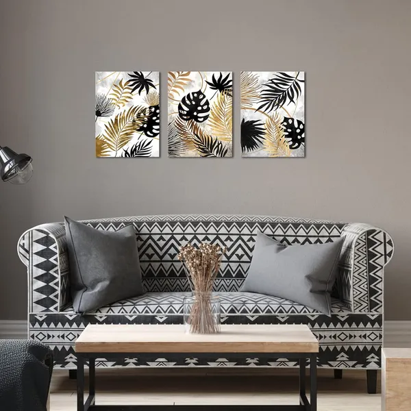 Multicolor_3_Piece_Leaves_Canvas_Wall_Art_Black_Grey_and_Gold_Bathroom_Decor_Botanical_Leaves_Painting_Art_Prints_Framed_Ready_to_Hang