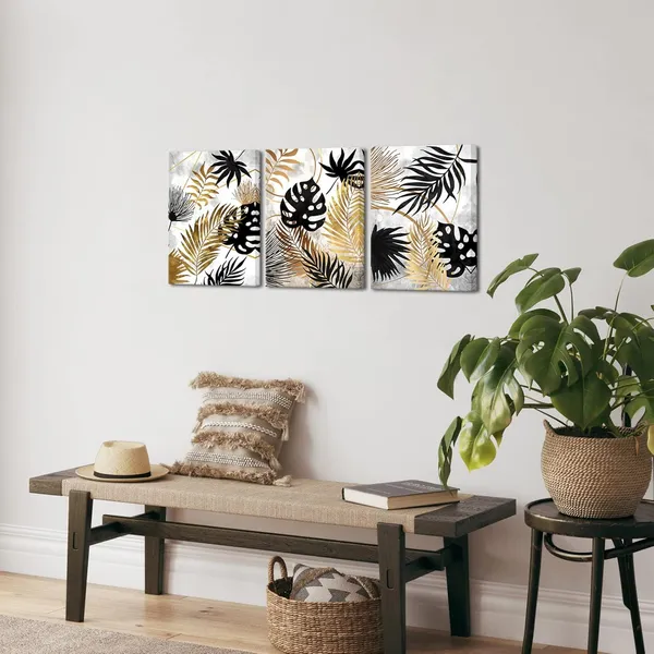 Multicolor_3_Piece_Leaves_Canvas_Wall_Art_Black_Grey_and_Gold_Bathroom_Decor_Botanical_Leaves_Painting_Art_Prints_Framed_Ready_to_Hang