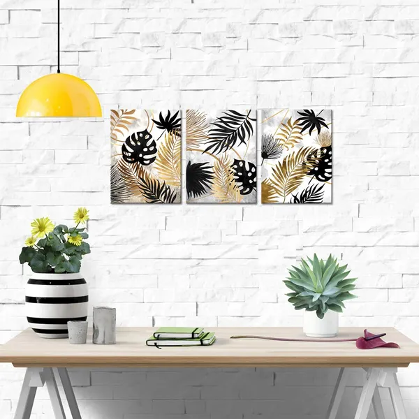 Multicolor_3_Piece_Leaves_Canvas_Wall_Art_Black_Grey_and_Gold_Bathroom_Decor_Botanical_Leaves_Painting_Art_Prints_Framed_Ready_to_Hang
