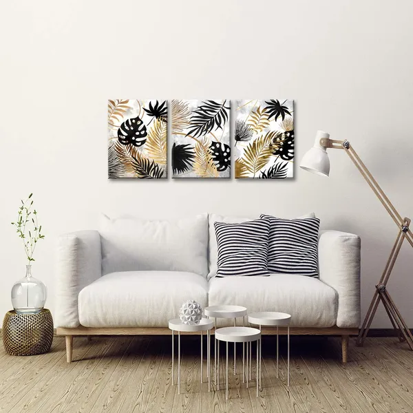 Multicolor_3_Piece_Leaves_Canvas_Wall_Art_Black_Grey_and_Gold_Bathroom_Decor_Botanical_Leaves_Painting_Art_Prints_Framed_Ready_to_Hang