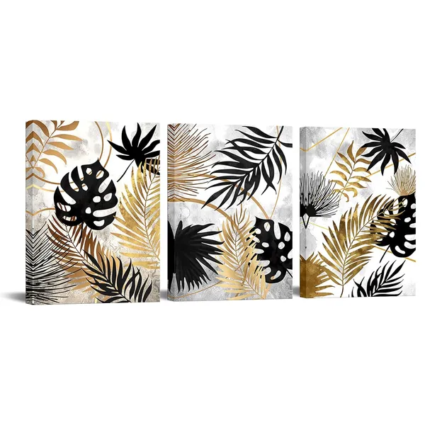 Multicolor_3_Piece_Leaves_Canvas_Wall_Art_Black_Grey_and_Gold_Bathroom_Decor_Botanical_Leaves_Painting_Art_Prints_Framed_Ready_to_Hang
