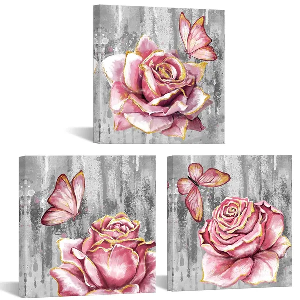 Multicolor_3_Panel_Pink_Rose_Flower_Wall_Art_Paintings_Floral_with_Butterfly_Prints_on_Grey_Canvas_Picture_Wall_Decoration_Framed_Trendy_Gold_and_Pink_Bathroom_Bedroom_Decor_Artwork_12"X12"X3PCS