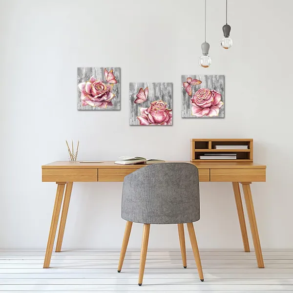 Multicolor_3_Panel_Pink_Rose_Flower_Wall_Art_Paintings_Floral_with_Butterfly_Prints_on_Grey_Canvas_Picture_Wall_Decoration_Framed_Trendy_Gold_and_Pink_Bathroom_Bedroom_Decor_Artwork_12"X12"X3PCS