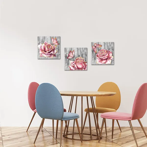 Multicolor_3_Panel_Pink_Rose_Flower_Wall_Art_Paintings_Floral_with_Butterfly_Prints_on_Grey_Canvas_Picture_Wall_Decoration_Framed_Trendy_Gold_and_Pink_Bathroom_Bedroom_Decor_Artwork_12"X12"X3PCS