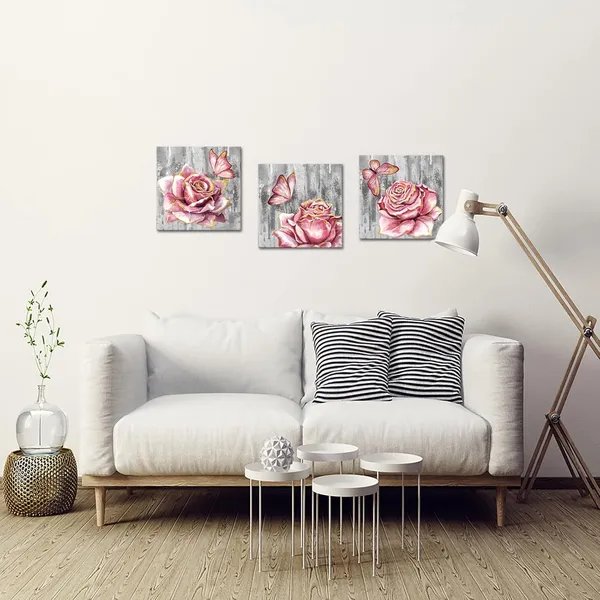 Multicolor_3_Panel_Pink_Rose_Flower_Wall_Art_Paintings_Floral_with_Butterfly_Prints_on_Grey_Canvas_Picture_Wall_Decoration_Framed_Trendy_Gold_and_Pink_Bathroom_Bedroom_Decor_Artwork_12"X12"X3PCS