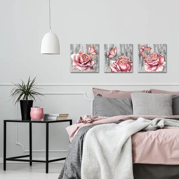 Multicolor_3_Panel_Pink_Rose_Flower_Wall_Art_Paintings_Floral_with_Butterfly_Prints_on_Grey_Canvas_Picture_Wall_Decoration_Framed_Trendy_Gold_and_Pink_Bathroom_Bedroom_Decor_Artwork_12"X12"X3PCS
