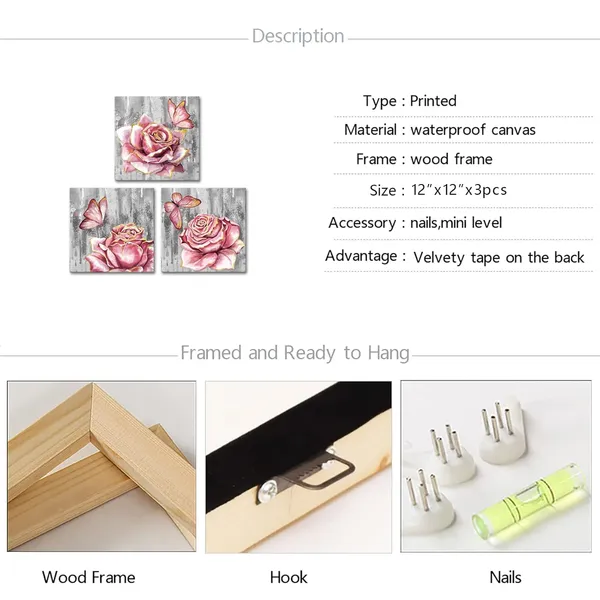 Multicolor_3_Panel_Pink_Rose_Flower_Wall_Art_Paintings_Floral_with_Butterfly_Prints_on_Grey_Canvas_Picture_Wall_Decoration_Framed_Trendy_Gold_and_Pink_Bathroom_Bedroom_Decor_Artwork_12"X12"X3PCS