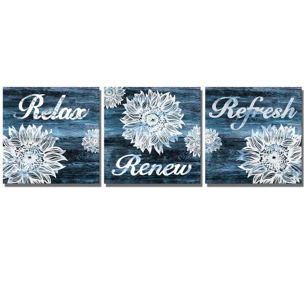Multicolor_3_Pieces_Flower_Bathroom_Picture_Wall_Art_Abstract_Sunflower_with_Relax_Refresh_Renew_Signs_Rustic_Blue_Wood_Painting_Artwork_Stretched_and_Framed_|_For_Bedroom_Living_Room_Ready_to_Hang