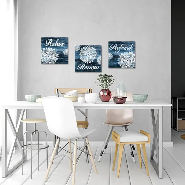 Multicolor_3_Pieces_Flower_Bathroom_Picture_Wall_Art_Abstract_Sunflower_with_Relax_Refresh_Renew_Signs_Rustic_Blue_Wood_Painting_Artwork_Stretched_and_Framed_|_For_Bedroom_Living_Room_Ready_to_Hang