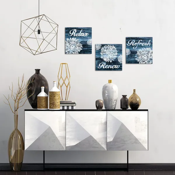Multicolor_3_Pieces_Flower_Bathroom_Picture_Wall_Art_Abstract_Sunflower_with_Relax_Refresh_Renew_Signs_Rustic_Blue_Wood_Painting_Artwork_Stretched_and_Framed_|_For_Bedroom_Living_Room_Ready_to_Hang