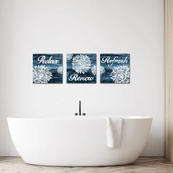 Multicolor_3_Pieces_Flower_Bathroom_Picture_Wall_Art_Abstract_Sunflower_with_Relax_Refresh_Renew_Signs_Rustic_Blue_Wood_Painting_Artwork_Stretched_and_Framed_|_For_Bedroom_Living_Room_Ready_to_Hang