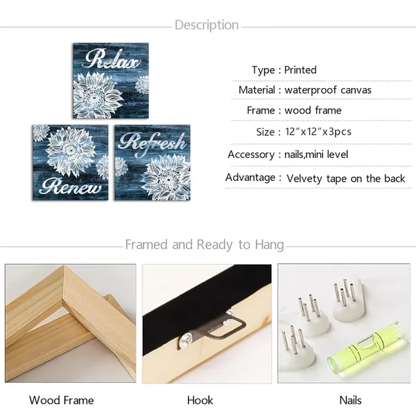Multicolor_3_Pieces_Flower_Bathroom_Picture_Wall_Art_Abstract_Sunflower_with_Relax_Refresh_Renew_Signs_Rustic_Blue_Wood_Painting_Artwork_Stretched_and_Framed_|_For_Bedroom_Living_Room_Ready_to_Hang