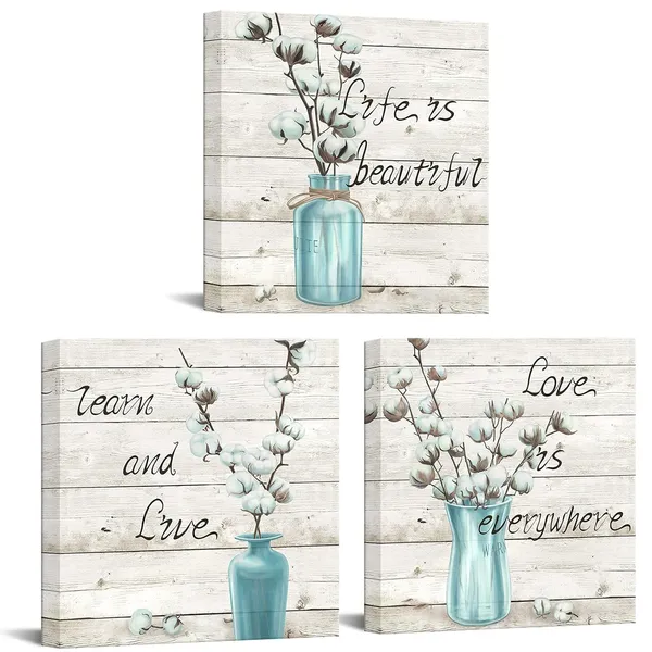 Multicolor_3_Piece_Farm_Canvas_Wall_Art_White_Cotton_Flower_in_Teal_Vase_Painting_Art_Prints_Vintage_Quote_with_Wood_Background_Picture_Poster_|_For_Farmhouse_Bedroom_Decor_Ready_to_Hang