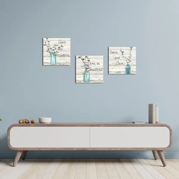 Multicolor_3_Piece_Farm_Canvas_Wall_Art_White_Cotton_Flower_in_Teal_Vase_Painting_Art_Prints_Vintage_Quote_with_Wood_Background_Picture_Poster_|_For_Farmhouse_Bedroom_Decor_Ready_to_Hang