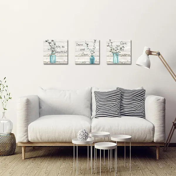 Multicolor_3_Piece_Farm_Canvas_Wall_Art_White_Cotton_Flower_in_Teal_Vase_Painting_Art_Prints_Vintage_Quote_with_Wood_Background_Picture_Poster_|_For_Farmhouse_Bedroom_Decor_Ready_to_Hang