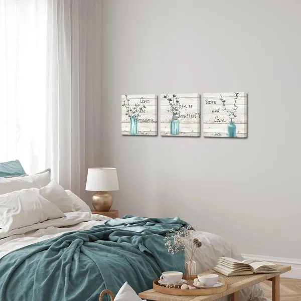 Multicolor_3_Piece_Farm_Canvas_Wall_Art_White_Cotton_Flower_in_Teal_Vase_Painting_Art_Prints_Vintage_Quote_with_Wood_Background_Picture_Poster_|_For_Farmhouse_Bedroom_Decor_Ready_to_Hang
