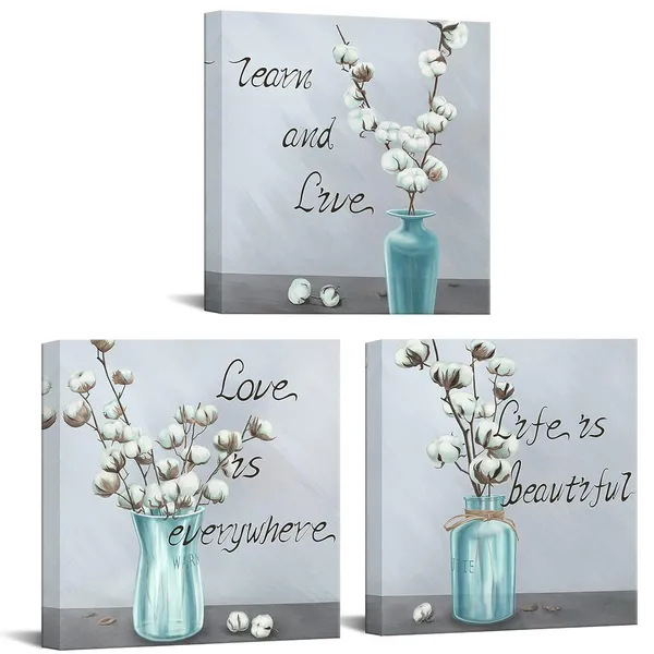 Multicolor_3_Piece_Floral_Canvas_Wall_Art_White_Cotton_Flower_in_Teal_Vase_Painting_Art_Prints_Quote_Poster_|_For_Living_Room_Bedroom_Decorations_Gallery_Canvas_Wrapped_Ready_to_Hang_(Small-12_x12_x3pcs)