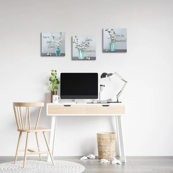 Multicolor_3_Piece_Floral_Canvas_Wall_Art_White_Cotton_Flower_in_Teal_Vase_Painting_Art_Prints_Quote_Poster_|_For_Living_Room_Bedroom_Decorations_Gallery_Canvas_Wrapped_Ready_to_Hang_(Small-12_x12_x3pcs)