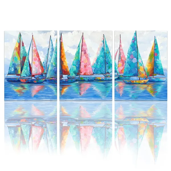 Multicolor_3_Panels_Sailboats_Painting_Wall_Art_Abstract_Colorful_Boats_Ocean_Coastal_Poster_Canvas_Picture_|_For_Bedroom_Bathroom_Dining_Room_Kitchen_Decorations_Framed_Ready_to_Hang_(Small)