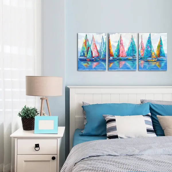 Multicolor_3_Panels_Sailboats_Painting_Wall_Art_Abstract_Colorful_Boats_Ocean_Coastal_Poster_Canvas_Picture_|_For_Bedroom_Bathroom_Dining_Room_Kitchen_Decorations_Framed_Ready_to_Hang_(Small)