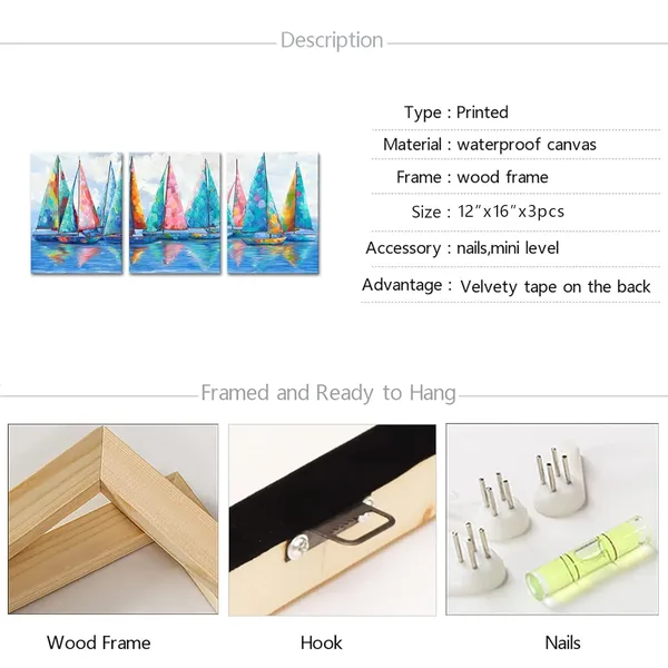 Multicolor_3_Panels_Sailboats_Painting_Wall_Art_Abstract_Colorful_Boats_Ocean_Coastal_Poster_Canvas_Picture_|_For_Bedroom_Bathroom_Dining_Room_Kitchen_Decorations_Framed_Ready_to_Hang_(Small)