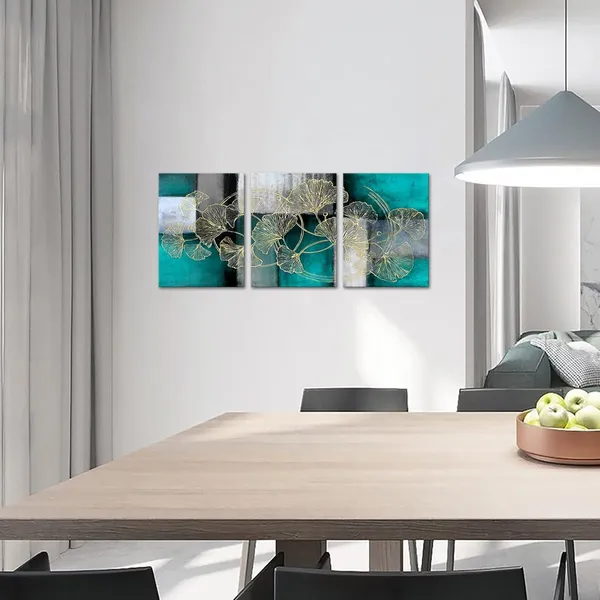 Multicolor_Golden_Ginkgo_Leaf_Canvas_Wall_Art_Abstract_Plant_Leaves_Paintings_Pictures_Modern_Gold_Home_Bedroom_Bathroom_Wall_Decoration_Gallery_Wrapped_Ready_to_Hang_(Teal)