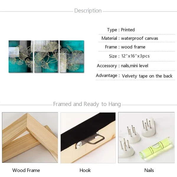 Multicolor_Golden_Ginkgo_Leaf_Canvas_Wall_Art_Abstract_Plant_Leaves_Paintings_Pictures_Modern_Gold_Home_Bedroom_Bathroom_Wall_Decoration_Gallery_Wrapped_Ready_to_Hang_(Teal)