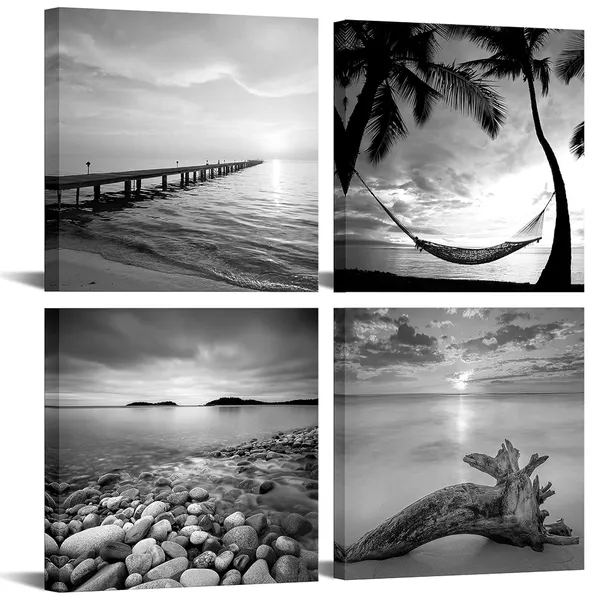 Multicolor_Black_and_White_Beach_Wall_Art_Seascape_Painting_Sunrise_Scenery_Picture_Giclee_Canvas_Print_Framed_|_For_Living_Room_Bedroom_Bathroom_Home_Office_Wall_Decoration