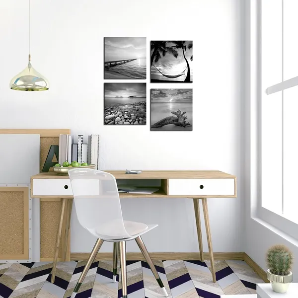 Multicolor_Black_and_White_Beach_Wall_Art_Seascape_Painting_Sunrise_Scenery_Picture_Giclee_Canvas_Print_Framed_|_For_Living_Room_Bedroom_Bathroom_Home_Office_Wall_Decoration