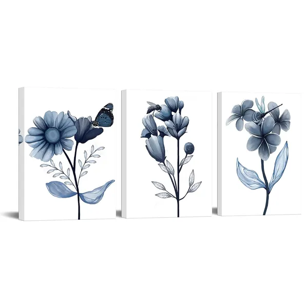Multicolor_3_Piece_Canvas_Wall_Art_Navy_Flower_Painting_Art_Prints_Blue_Floral_With_Butterfly_Picture_Artwork_Modern_Bedroom_Bathroom_Wall_Decor_Framed_Ready_to_Hang_Each_Panel_12x16_Inches