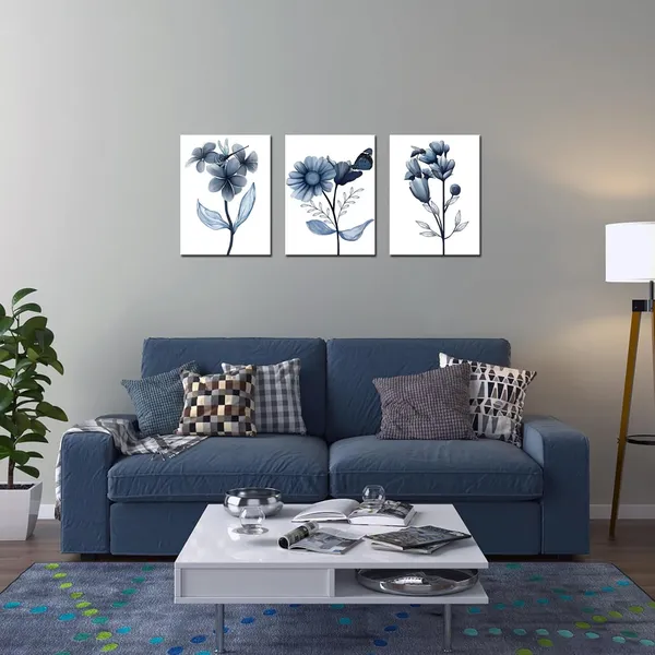 Multicolor_3_Piece_Canvas_Wall_Art_Navy_Flower_Painting_Art_Prints_Blue_Floral_With_Butterfly_Picture_Artwork_Modern_Bedroom_Bathroom_Wall_Decor_Framed_Ready_to_Hang_Each_Panel_12x16_Inches