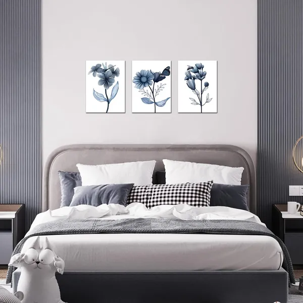 Multicolor_3_Piece_Canvas_Wall_Art_Navy_Flower_Painting_Art_Prints_Blue_Floral_With_Butterfly_Picture_Artwork_Modern_Bedroom_Bathroom_Wall_Decor_Framed_Ready_to_Hang_Each_Panel_12x16_Inches