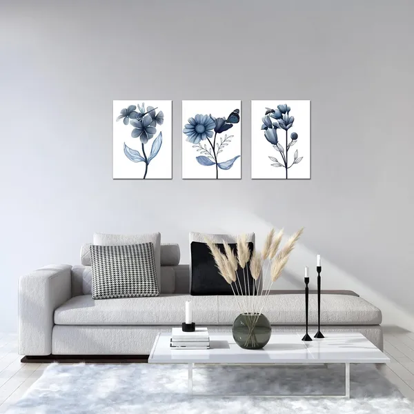 Multicolor_3_Piece_Canvas_Wall_Art_Navy_Flower_Painting_Art_Prints_Blue_Floral_With_Butterfly_Picture_Artwork_Modern_Bedroom_Bathroom_Wall_Decor_Framed_Ready_to_Hang_Each_Panel_12x16_Inches