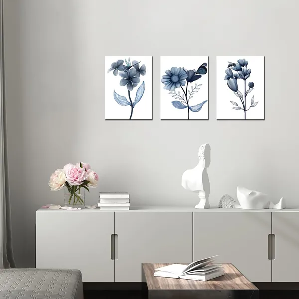 Multicolor_3_Piece_Canvas_Wall_Art_Navy_Flower_Painting_Art_Prints_Blue_Floral_With_Butterfly_Picture_Artwork_Modern_Bedroom_Bathroom_Wall_Decor_Framed_Ready_to_Hang_Each_Panel_12x16_Inches