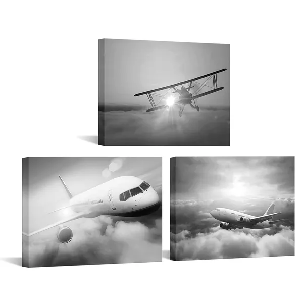 Multicolor_3_Piece_Black_and_White_Plane_Wall_Art_Airplane_During_Sunset_Pictures_Photo_Giclee_Print_on_Canvas_Modern_Aircraft_Wall_Decor_|_For_Boy_Bedroom_Office_Living_Room_Ready_to_Hang_(Small)