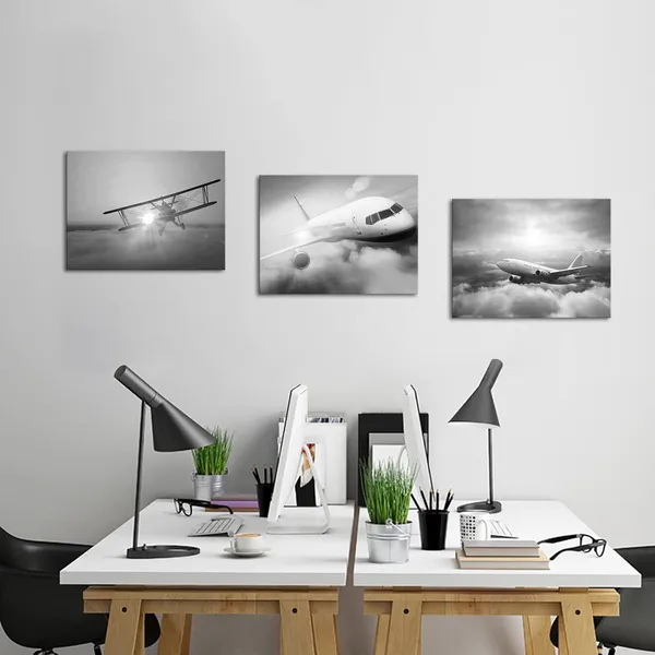 Multicolor_3_Piece_Black_and_White_Plane_Wall_Art_Airplane_During_Sunset_Pictures_Photo_Giclee_Print_on_Canvas_Modern_Aircraft_Wall_Decor_|_For_Boy_Bedroom_Office_Living_Room_Ready_to_Hang_(Small)