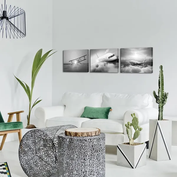 Multicolor_3_Piece_Black_and_White_Plane_Wall_Art_Airplane_During_Sunset_Pictures_Photo_Giclee_Print_on_Canvas_Modern_Aircraft_Wall_Decor_|_For_Boy_Bedroom_Office_Living_Room_Ready_to_Hang_(Small)